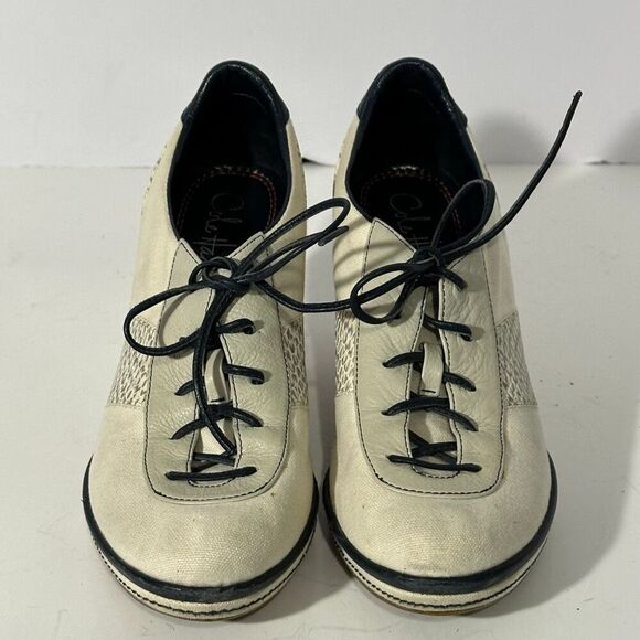 Cole Haan Canvas and Leather Lace-up Wedge Shoes Off-white & Blue | Women Size 6 - Picture 16 of 16